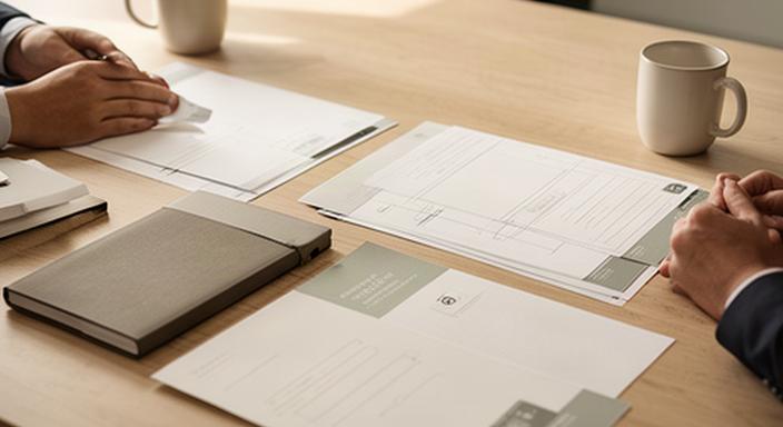 Documentos de condiciones sobre una mesa de trabajo durante una reunión de consultoría empresarial en Berga